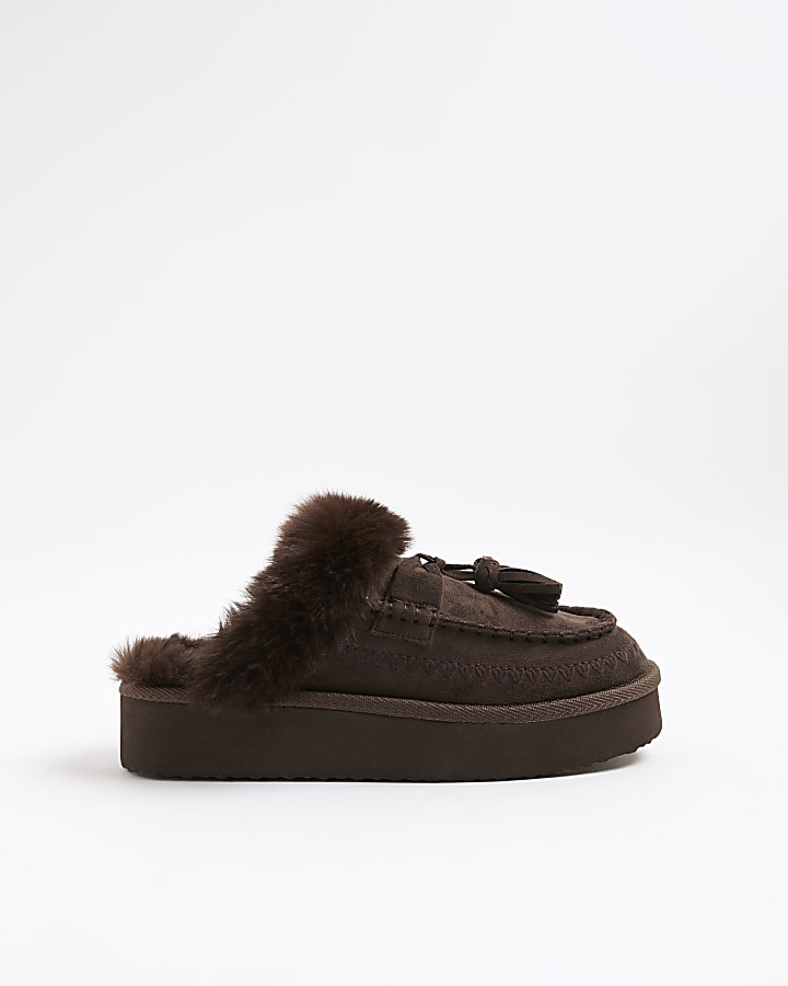 Brown Faux Fur Lined Tassel Mule Slippers
