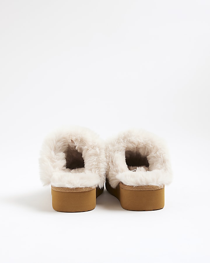 Beige Faux Fur Lined Tassel Mule Slippers