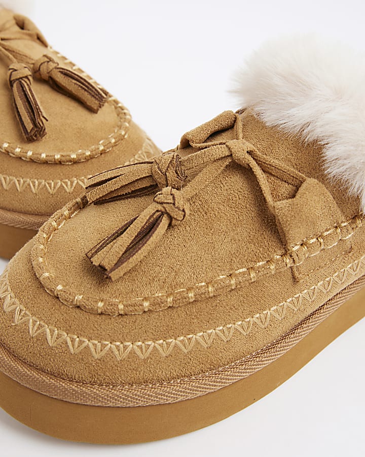Beige Faux Fur Lined Tassel Mule Slippers