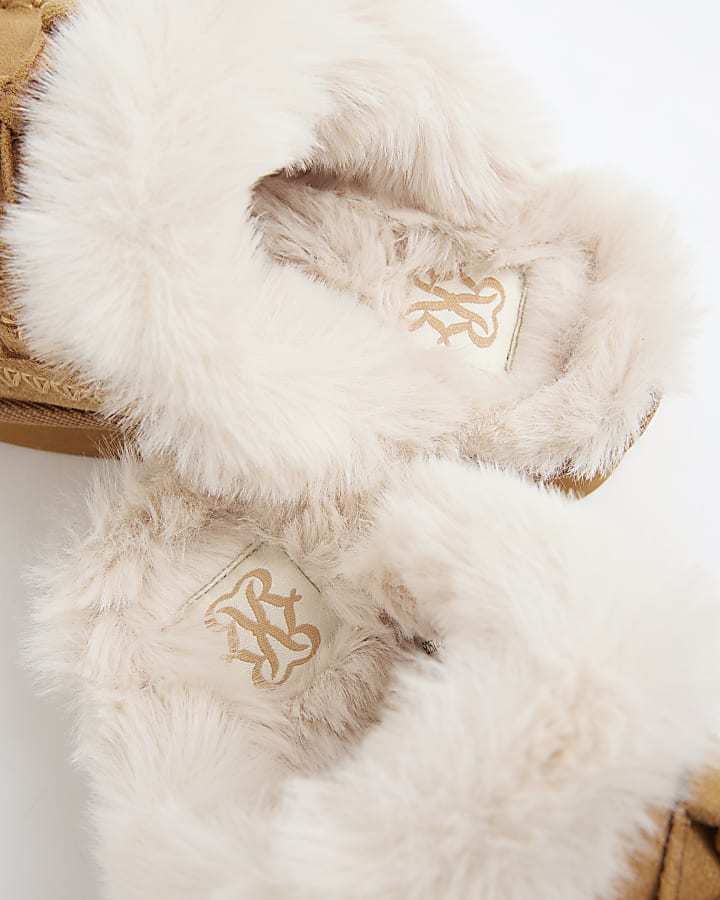 Beige Faux Fur Lined Tassel Mule Slippers