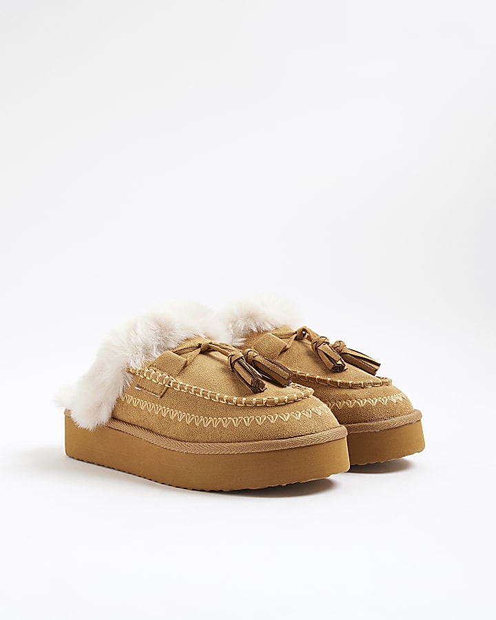 Beige Faux Fur Lined Tassel Mule Slippers