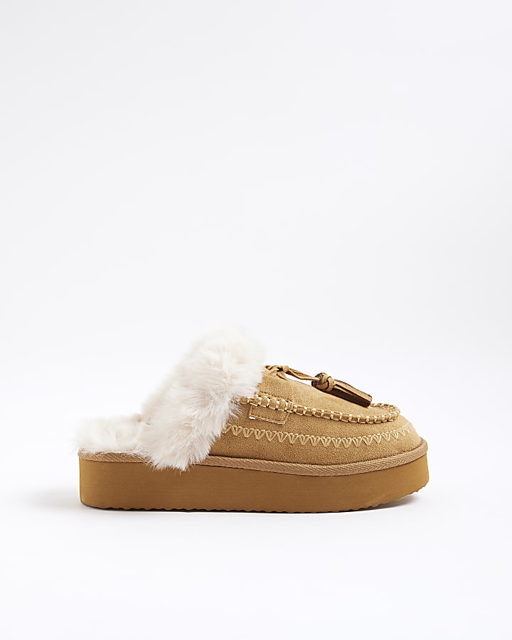 Beige Faux Fur Lined Tassel Mule Slippers