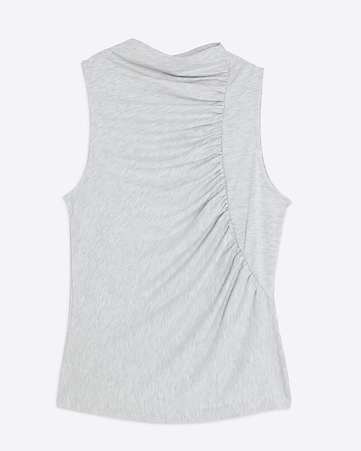 Grey Sleeveless Gathered Tank Top