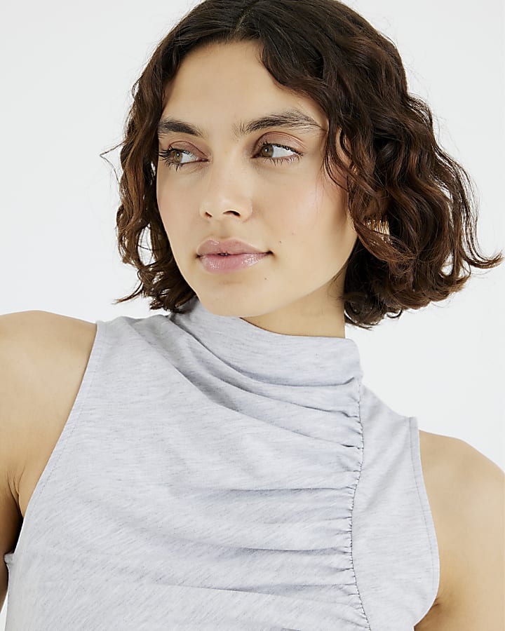 Grey Sleeveless Gathered Tank Top