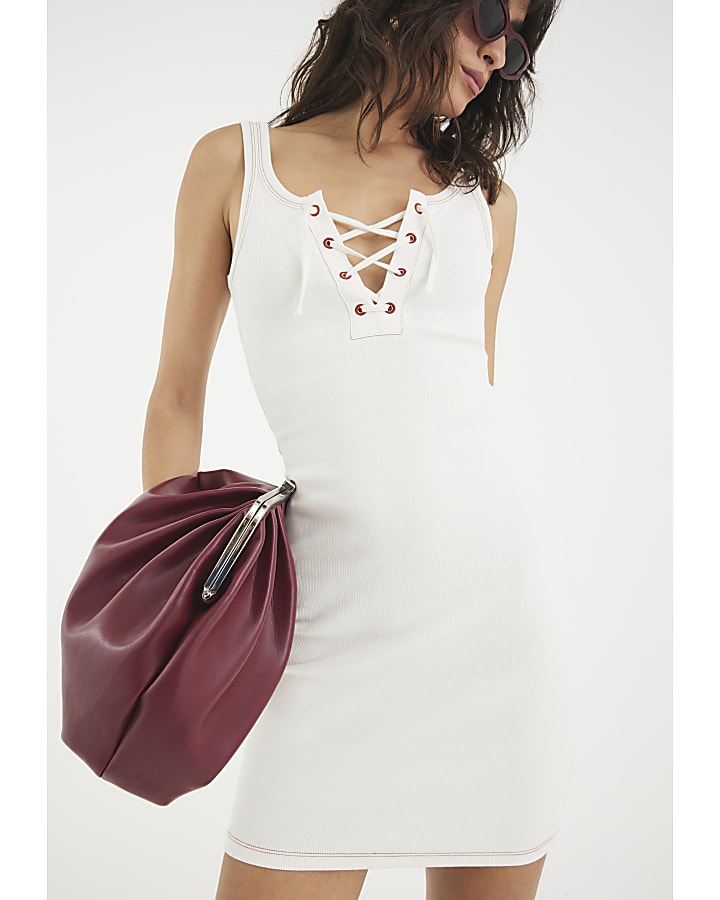 Cream Sleeveless Lace Up Ribbed Mini Dress