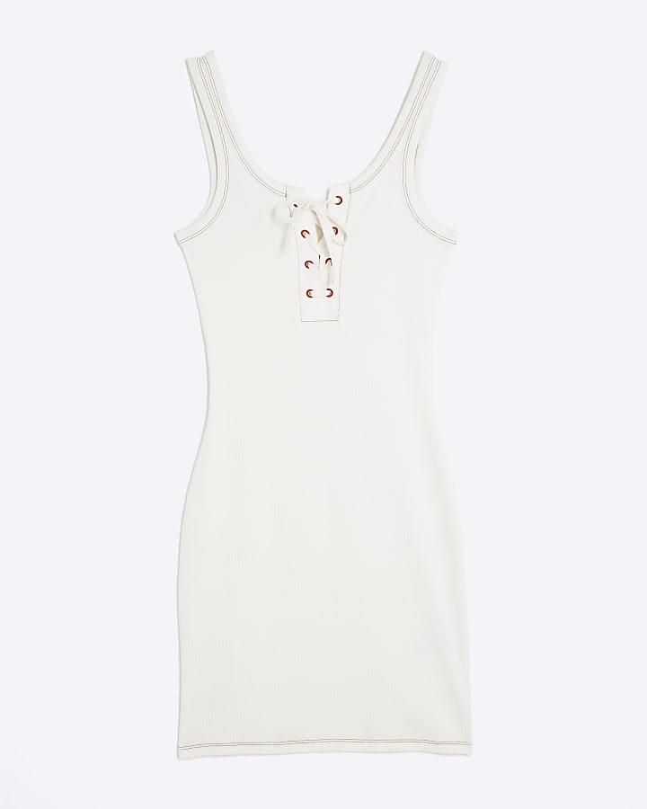 Cream Sleeveless Lace Up Ribbed Mini Dress