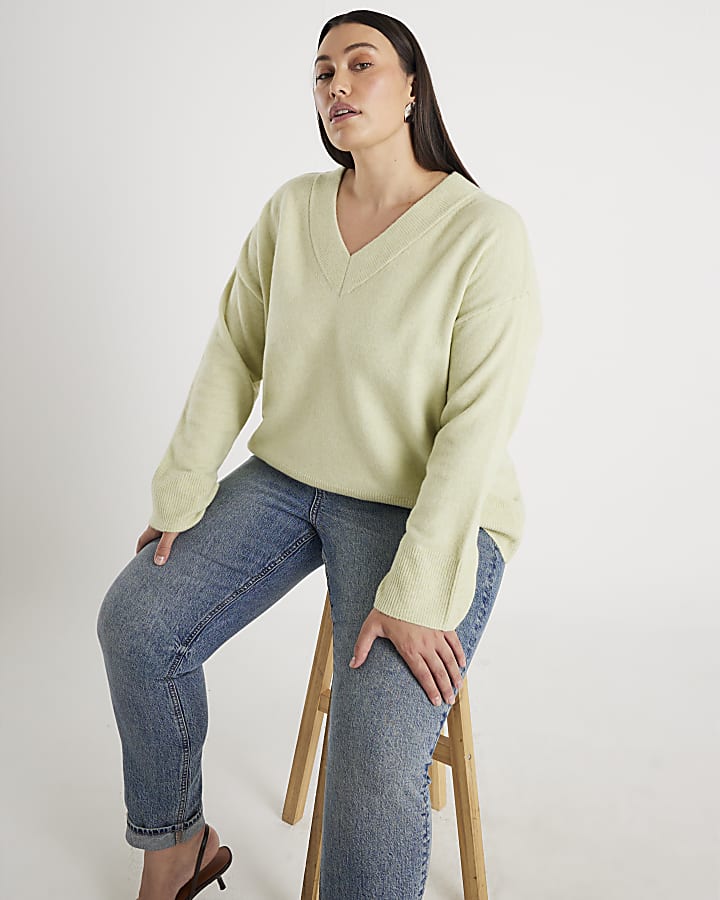 Green Knitted V Neck Jumper