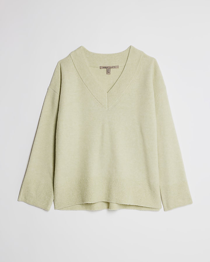Green Knitted V Neck Jumper
