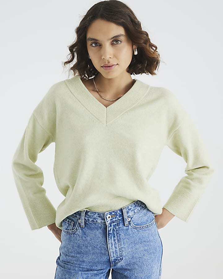 Green Knitted V Neck Jumper