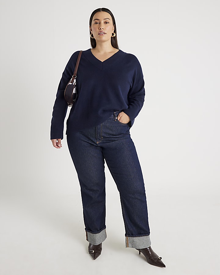 Navy Knitted V Neck Jumper