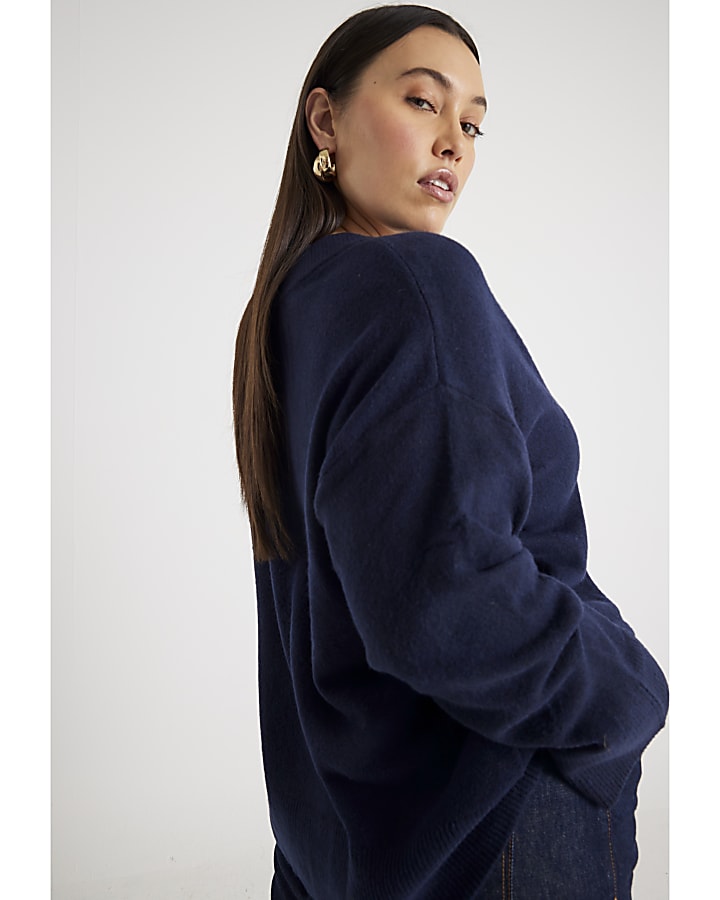 Navy Knitted V Neck Jumper