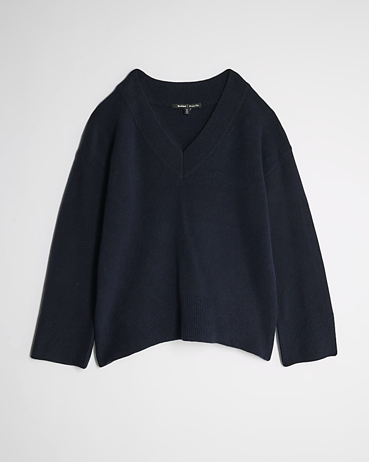 Navy Knitted V Neck Jumper