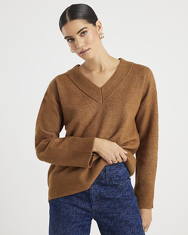 Brown V Neck Jumper