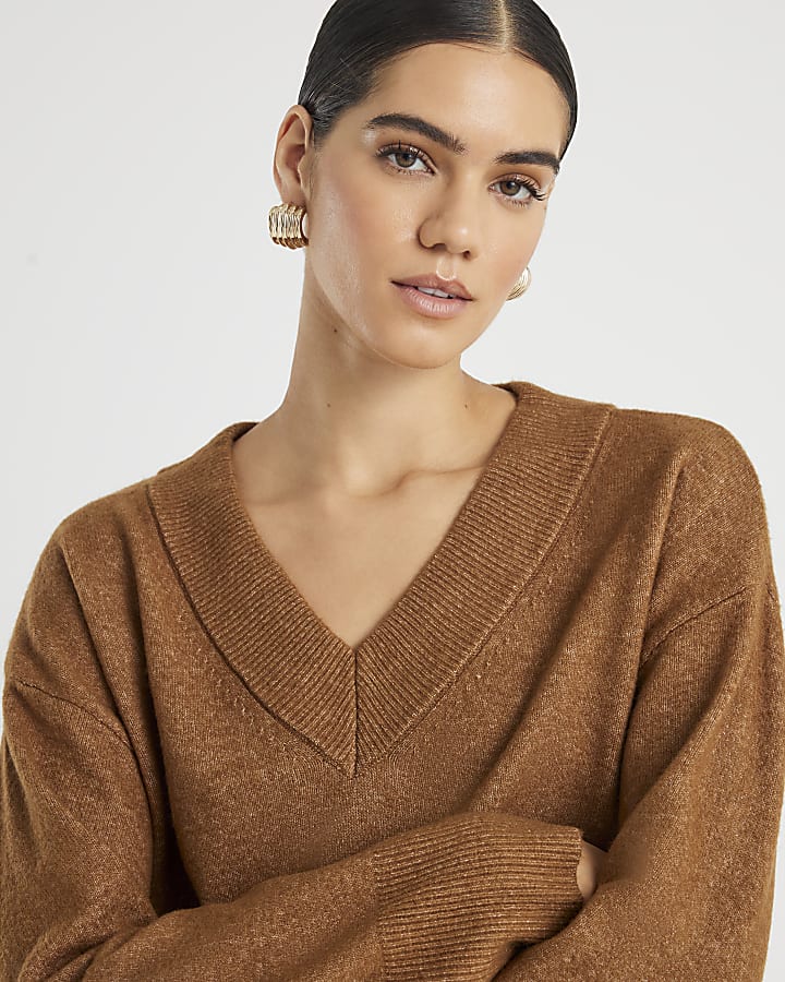 Brown V Neck Jumper