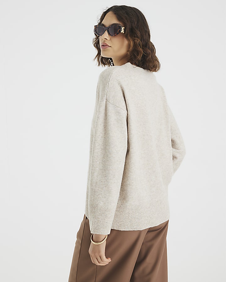 Beige Knitted V Neck Jumper