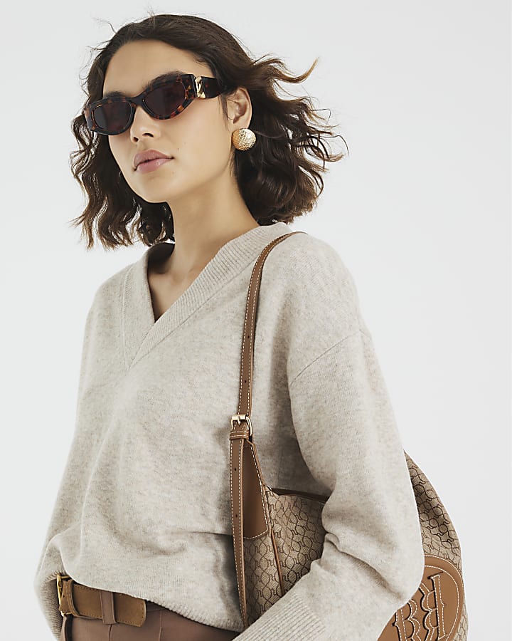 Beige Knitted V Neck Jumper