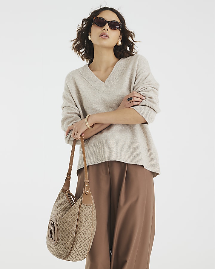 Beige Knitted V Neck Jumper