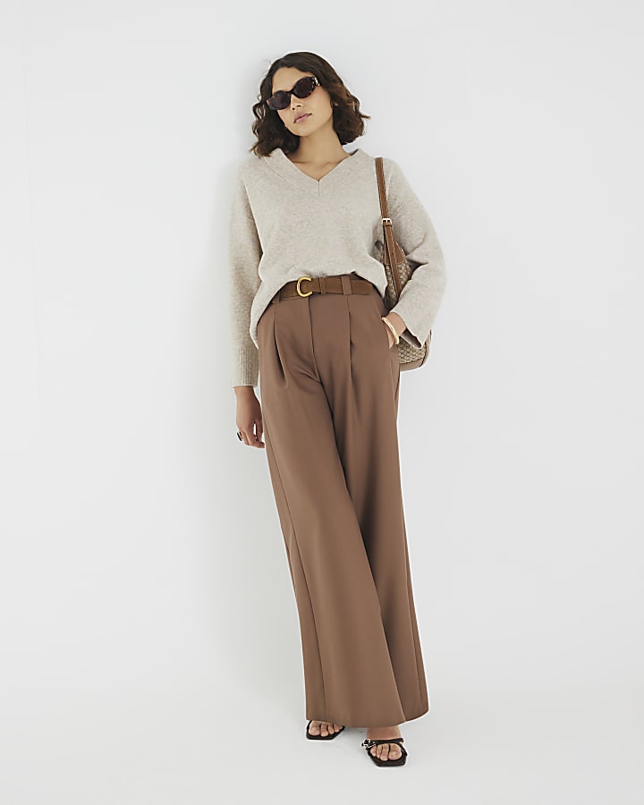 Beige Knitted V Neck Jumper