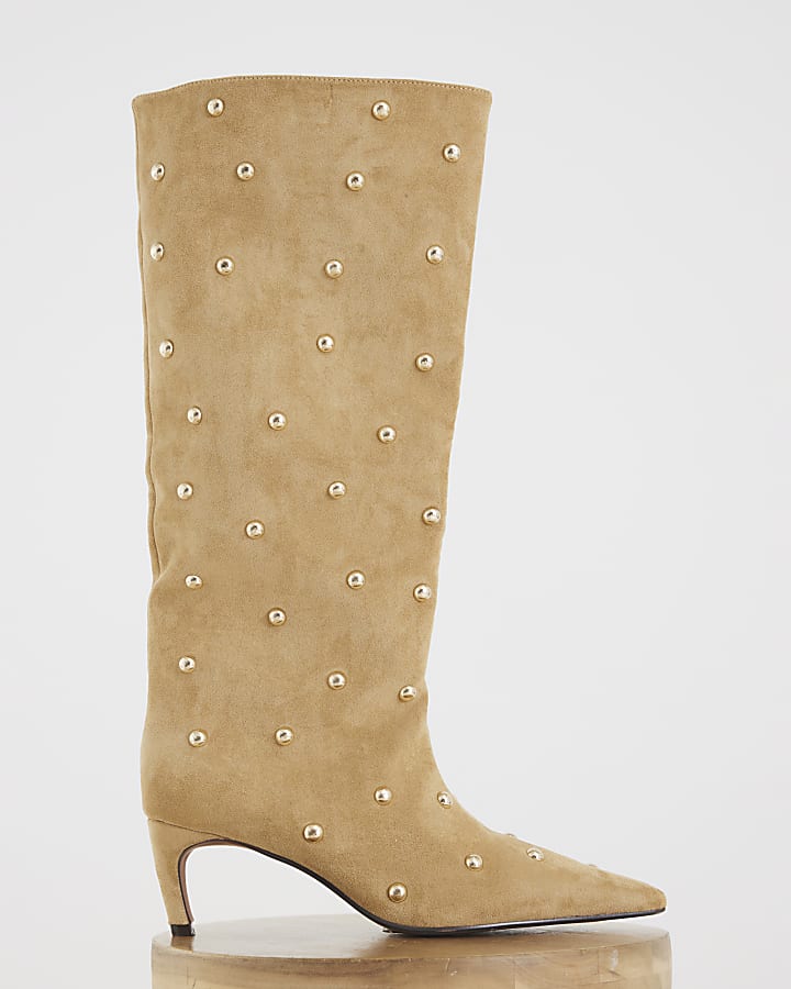Beige Studded High Leg Boots