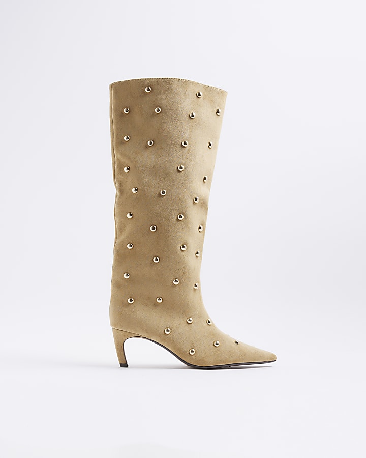 Beige Studded High Leg Boots