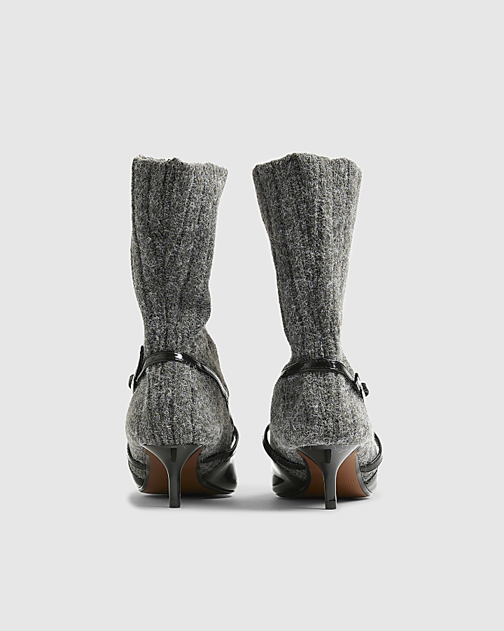 Grey Knit Sock Boot Court Heels