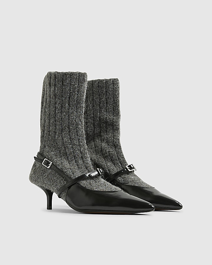 Grey Knit Sock Boot Court Heels