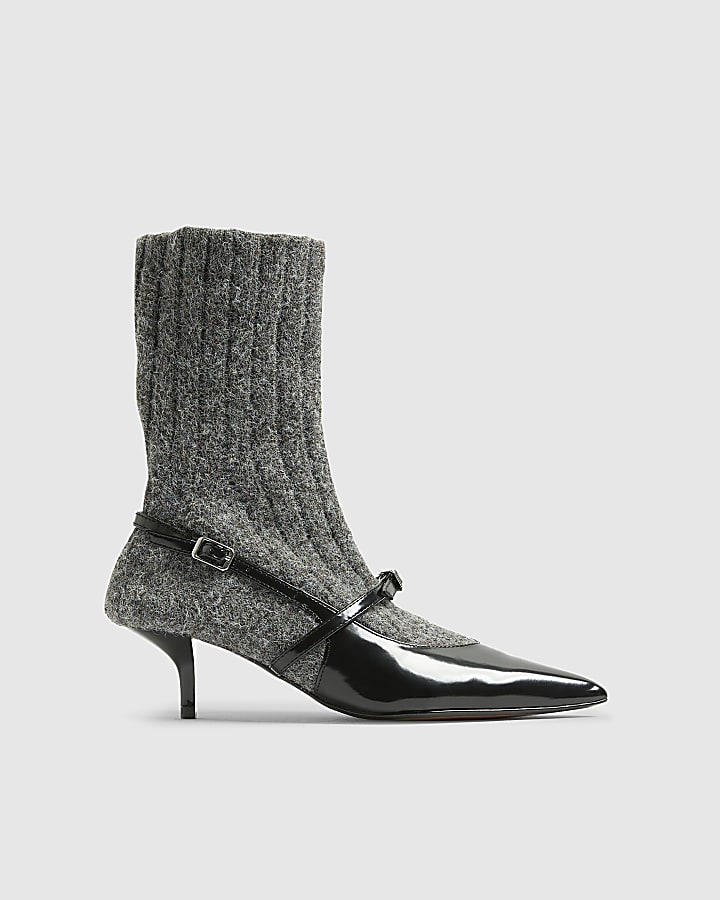 Grey Knit Sock Boot Court Heels