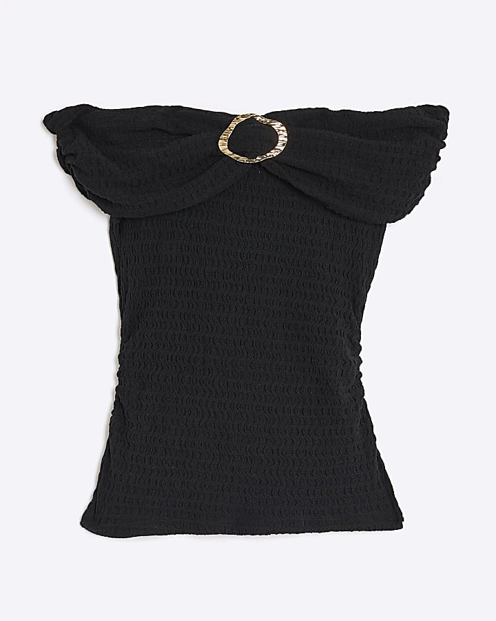 Black Sleeveless Textured Bardot Top