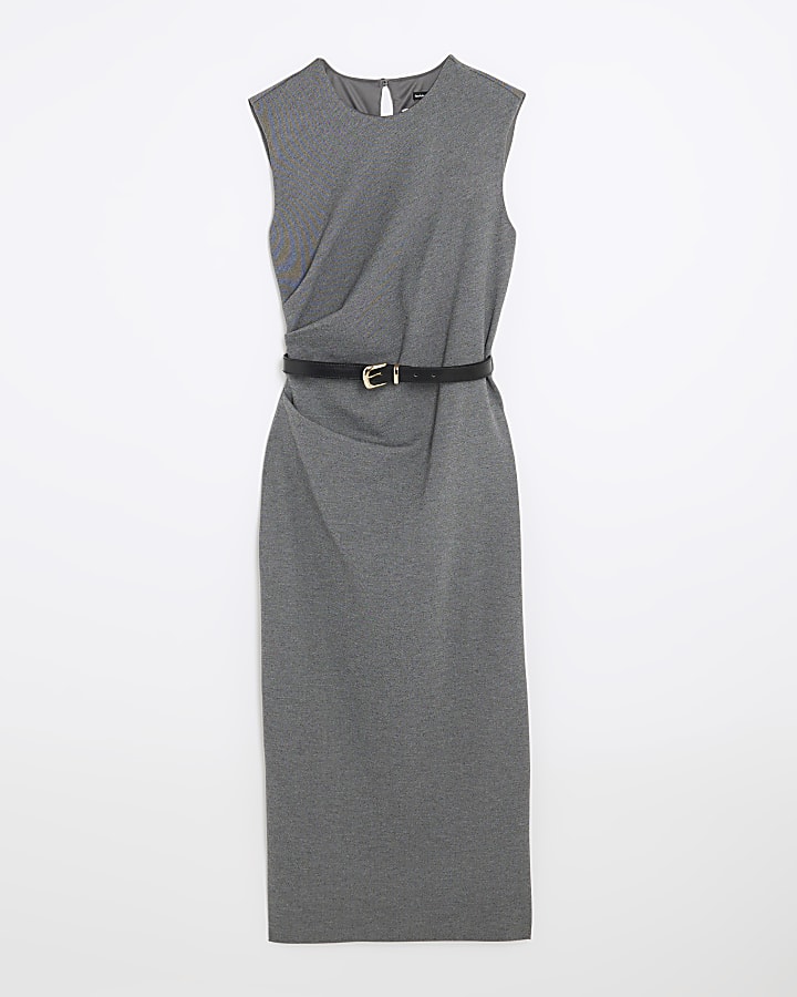 Grey Belted Drape Midi Dress