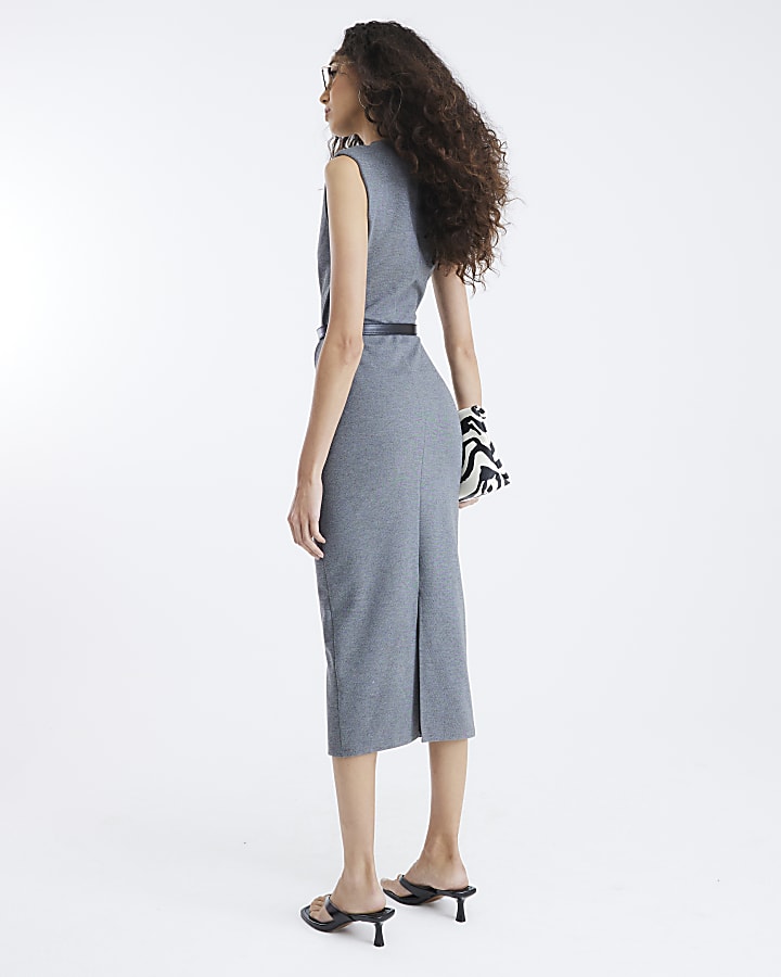 Grey Belted Drape Midi Dress