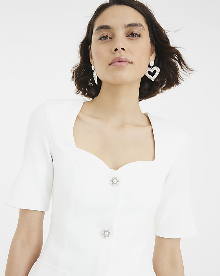 White Sweetheart Neckline Button Mini Dress