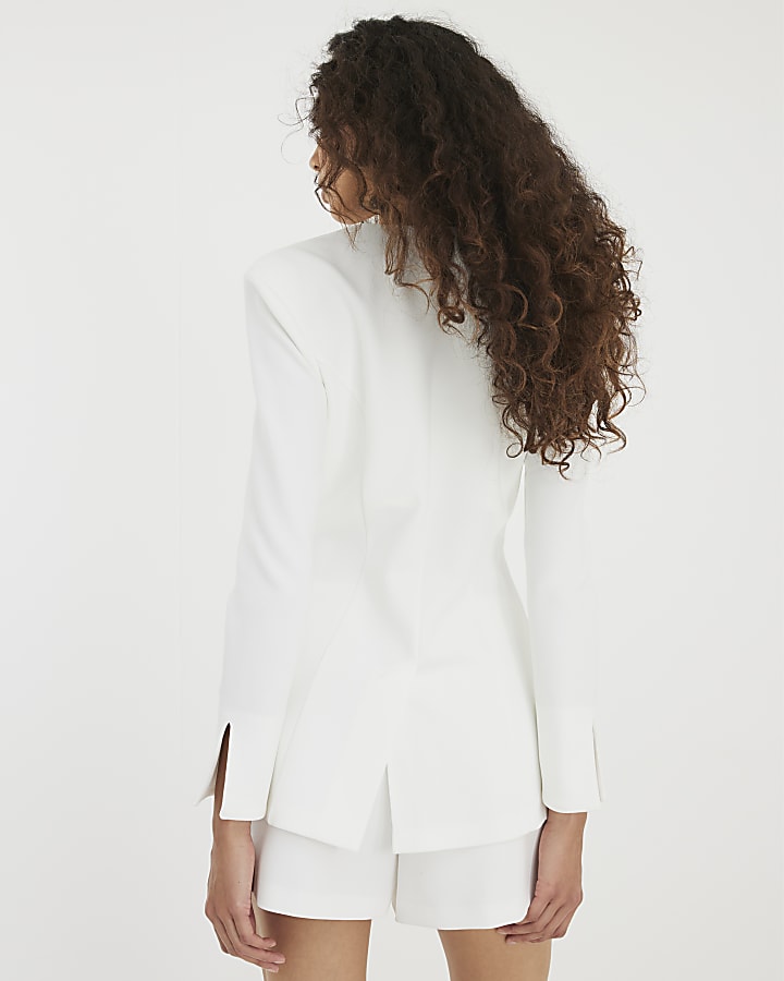 Cream Long Sleeve Embellished Button Blazer