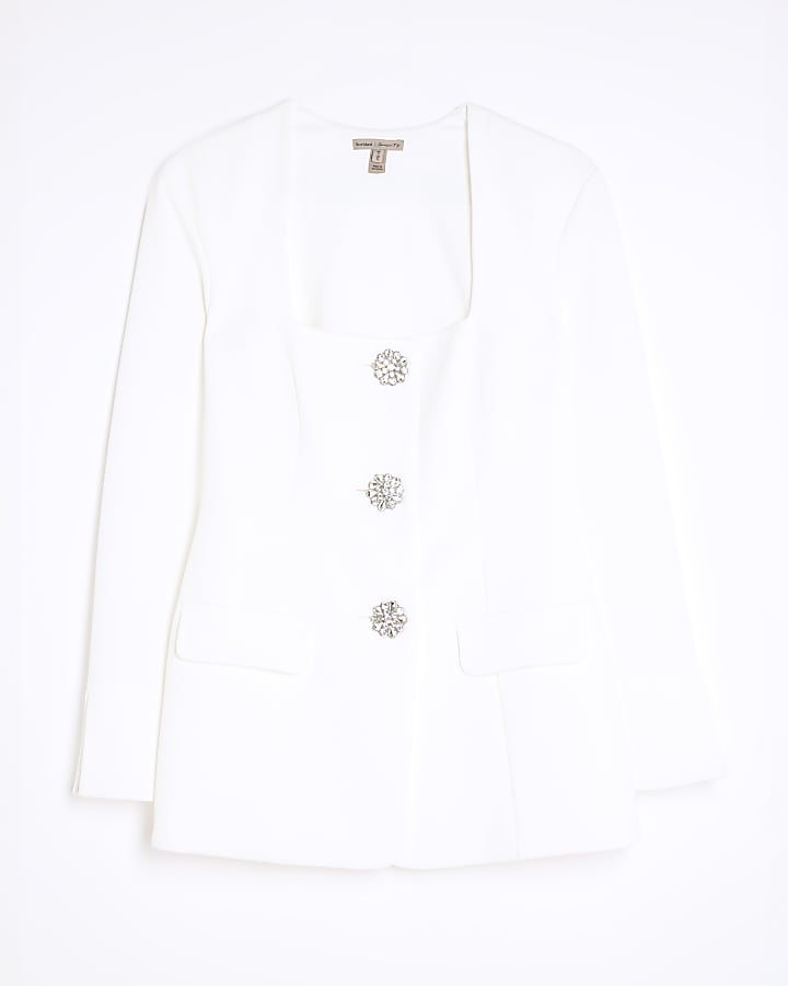 Cream Long Sleeve Embellished Button Blazer