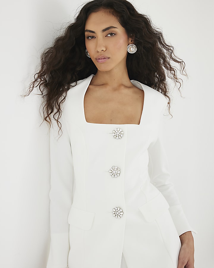 Cream Long Sleeve Embellished Button Blazer