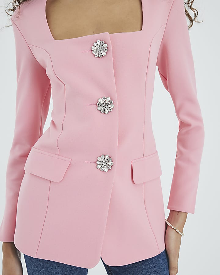 Pink Long Sleeve Embellished Button Blazer