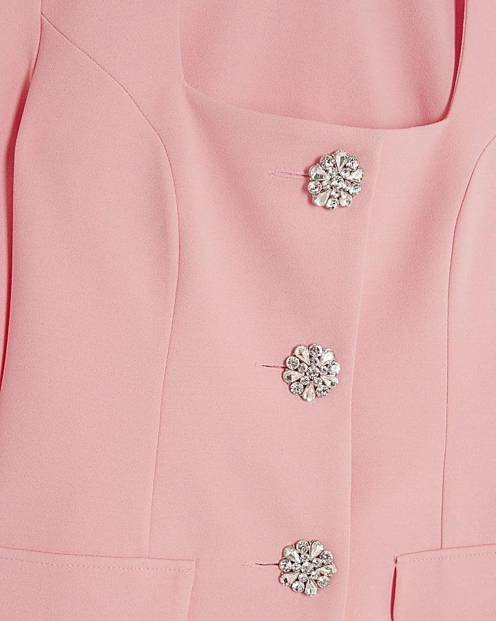 Pink Long Sleeve Embellished Button Blazer