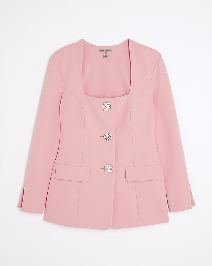 Pink Long Sleeve Embellished Button Blazer