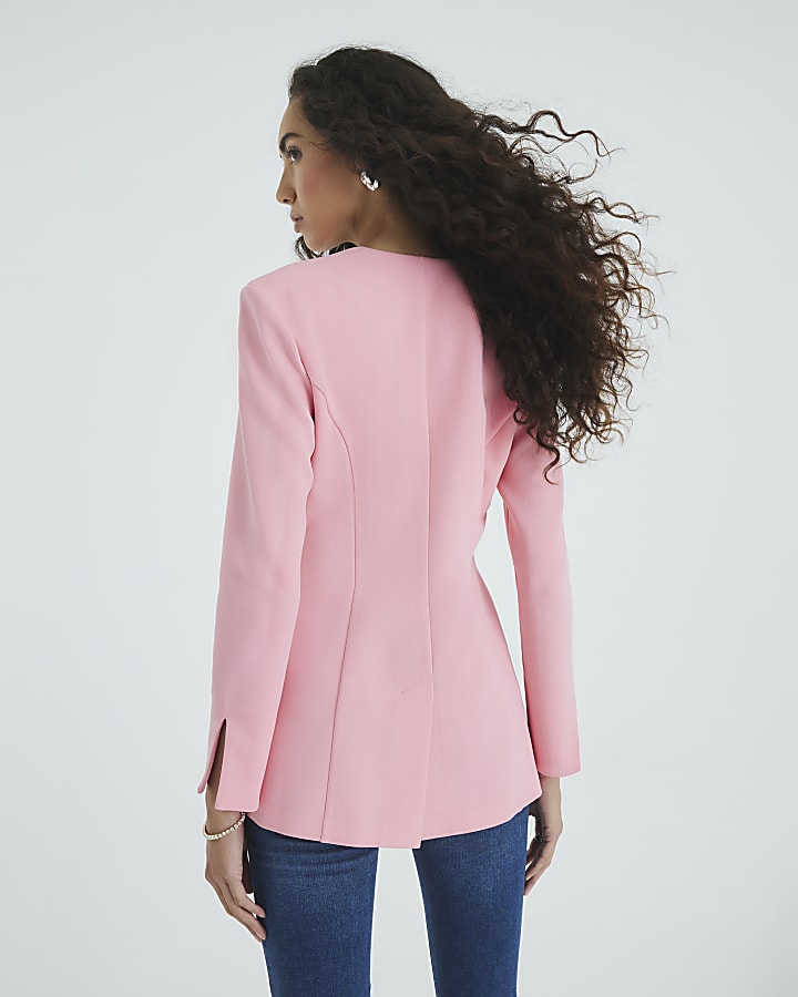Pink Long Sleeve Embellished Button Blazer