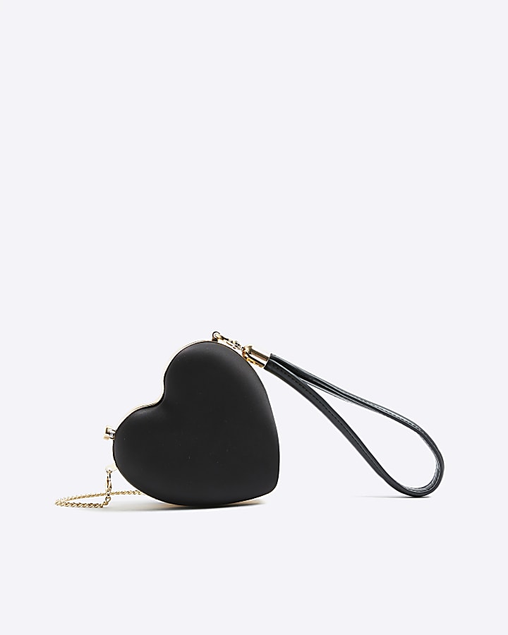 Black Satin Heart Wrist Clutch Bag