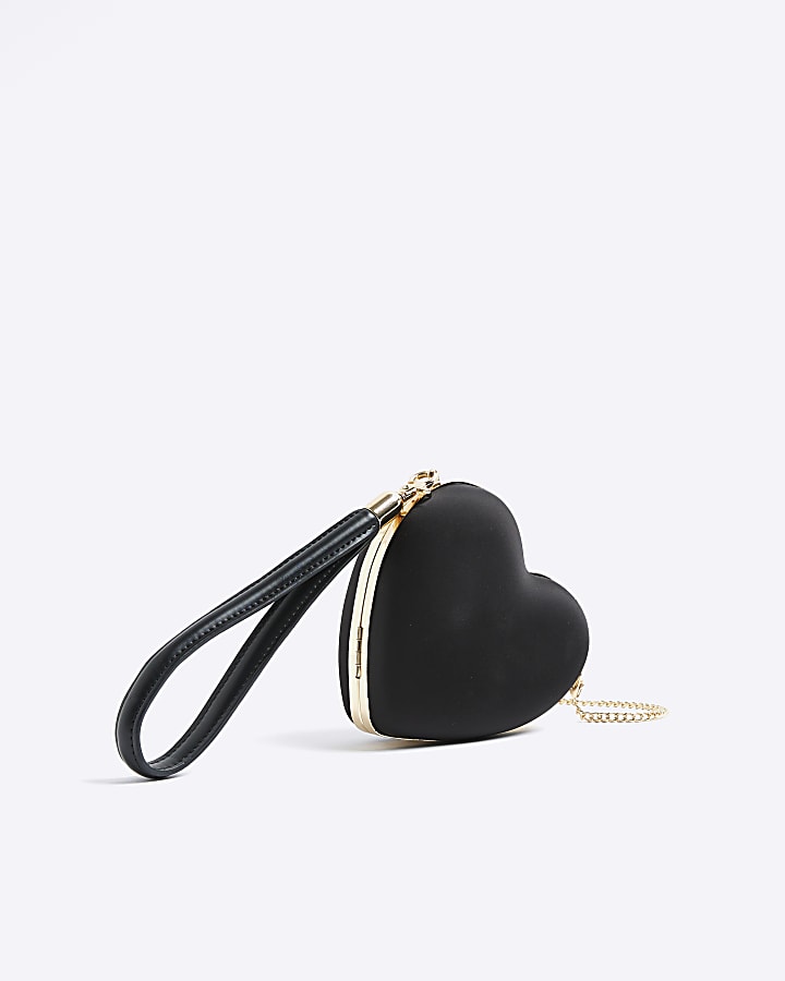 Black Satin Heart Wrist Clutch Bag