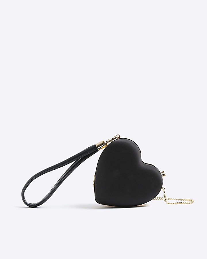 Black Satin Heart Wrist Clutch Bag