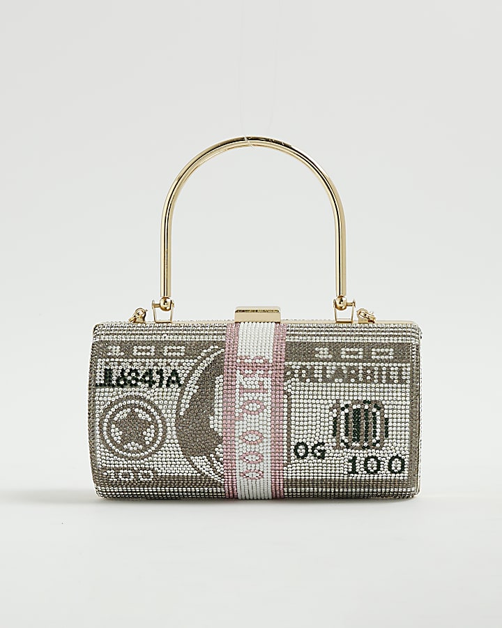 Silver Dollar Bill Diamante Clutch Bag