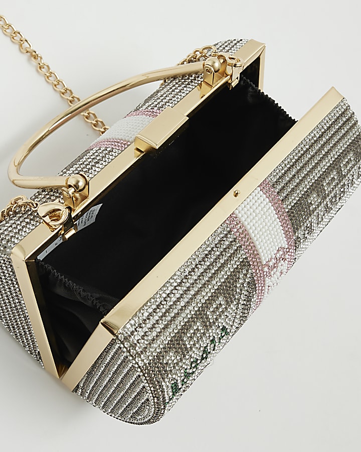Silver Dollar Bill Diamante Clutch Bag