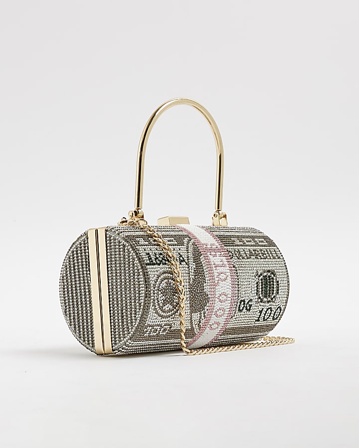 Silver Dollar Bill Diamante Clutch Bag