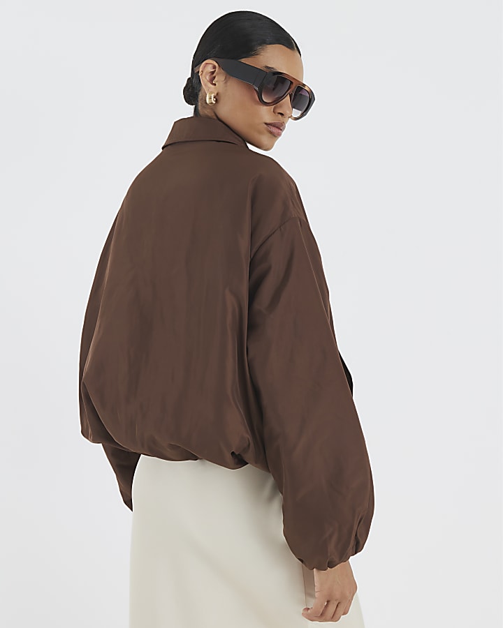 Brown Bubble Hem Bomber Jacket