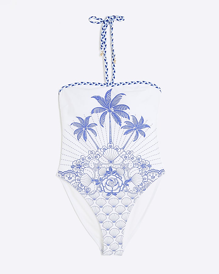 Blue Palm Print Bandeau Swimsuit
