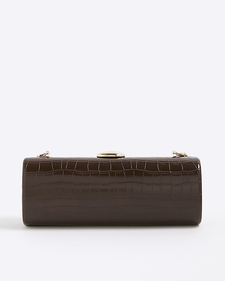 Brown Croc Textured Clutch Bag