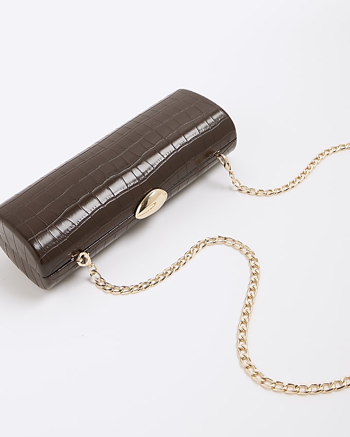 Brown Croc Textured Clutch Bag