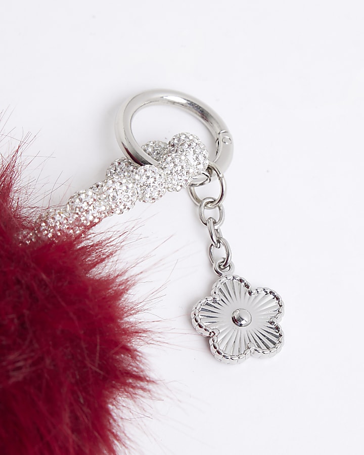 Red Faux Fur Pompom Diamante Bag Charm