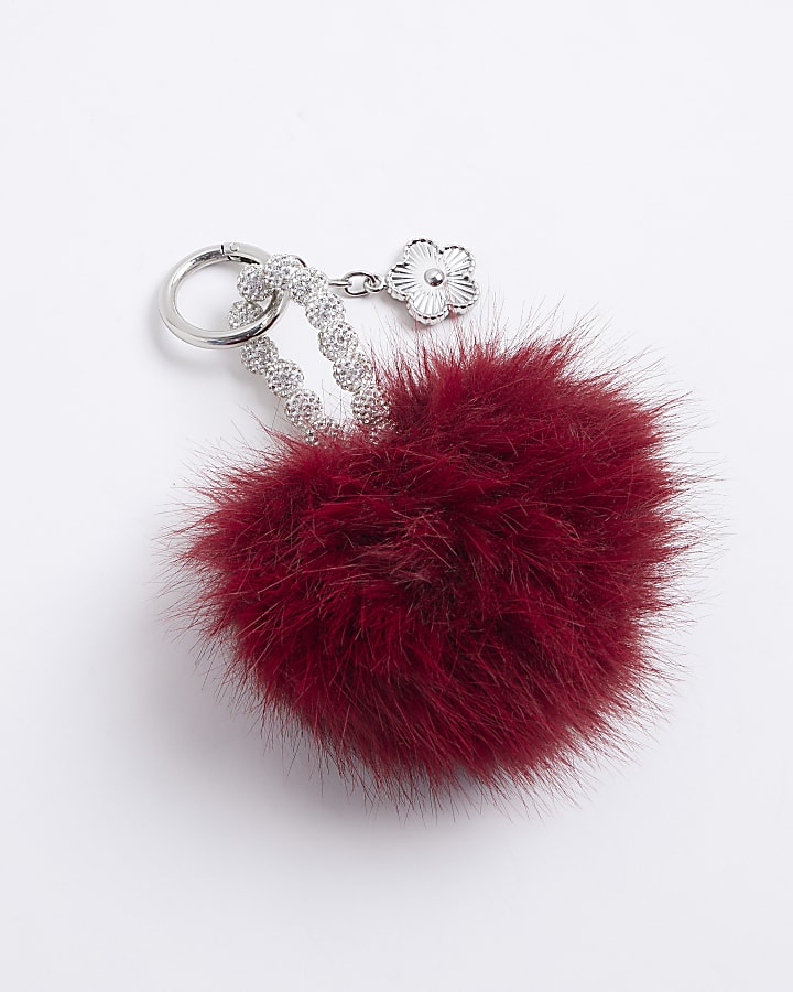 Red Faux Fur Pompom Diamante Bag Charm
